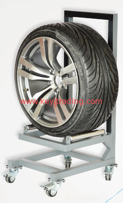 Modern Black Metal Tire Display Rack with Adjustable Height Wheels and Sturdy Design