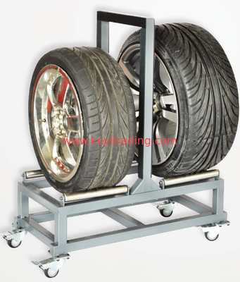 Modern Black Metal Tire Display Rack with Adjustable Height Wheels and Sturdy Design
