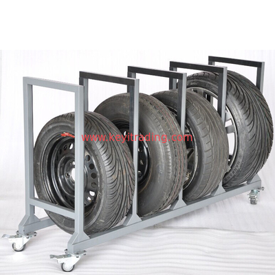 Modern Black Metal Tire Display Rack with Adjustable Height Wheels and Sturdy Design