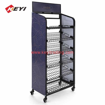 Portable Floor Bottle Stand 6 Tier Metal Wire Wine Display Rack With Caster