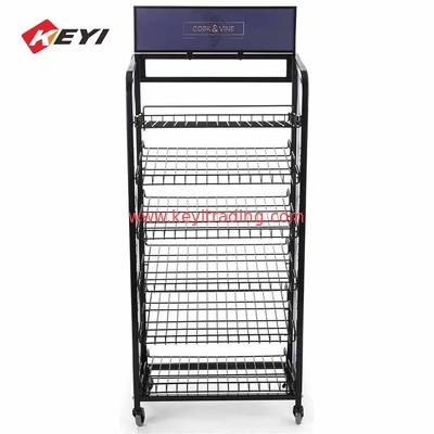 Portable Floor Bottle Stand 6 Tier Metal Wire Wine Display Rack With Caster
