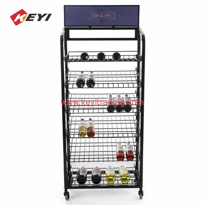 Portable Floor Bottle Stand 6 Tier Metal Wire Wine Display Rack With Caster