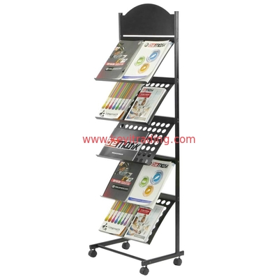 Custom Durable 5 Tier Metal Shelves Magazin Rack Magazine Display Dtand With Wheel