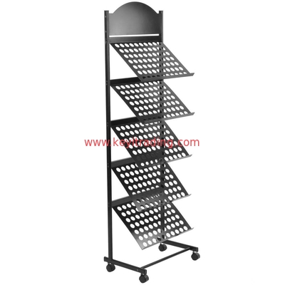 Custom Durable 5 Tier Metal Shelves Magazin Rack Magazine Display Dtand With Wheel