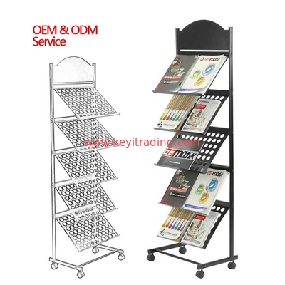 Custom Durable 5 Tier Metal Shelves Magazin Rack Magazine Display Dtand With Wheel
