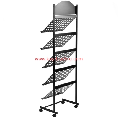 Custom Durable 5 Tier Metal Shelves Magazin Rack Magazine Display Dtand With Wheel