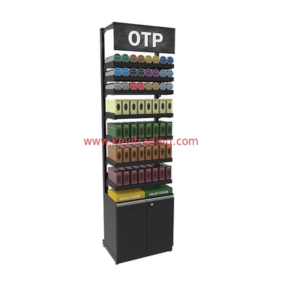 Floor Standing Adjustable Metal Shelves Cigarette Display Rack with Storage Cabinet