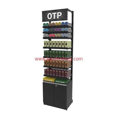 Floor Standing Adjustable Metal Shelves Cigarette Display Rack with Storage Cabinet