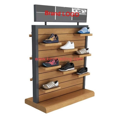 Retail Store Double Sided Wooden Slatwall Shoe Display Stand With Shelves