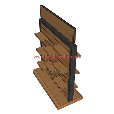 Retail Store Double Sided Wooden Slatwall Shoe Display Stand With Shelves