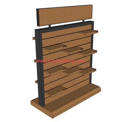 Retail Store Double Sided Wooden Slatwall Shoe Display Stand With Shelves
