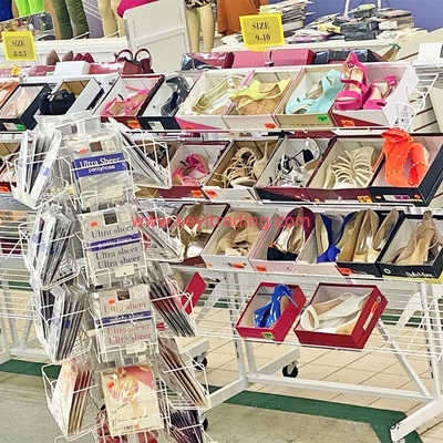 Retail Store Double Sided Adjustable White Metal Frame Shoe Display Shelves With 4 Wheel