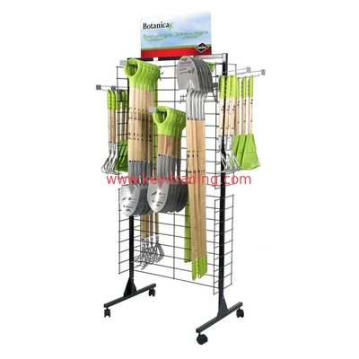 free stand 2 sided metal wire mesh hanging Shovel Display Rack With 4 Wheel