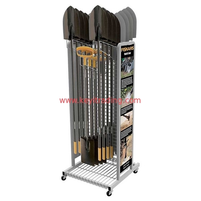 free stand 2 sided metal wire mesh hanging Shovel Display Rack With 4 Wheel