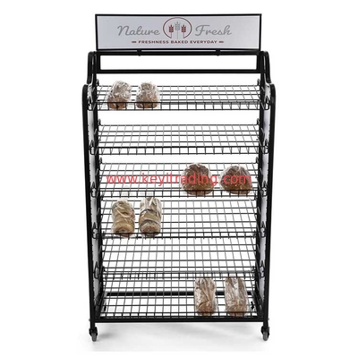 Black Powder Coating 6 Tier Wire Shelves Retail Bread Display Rack