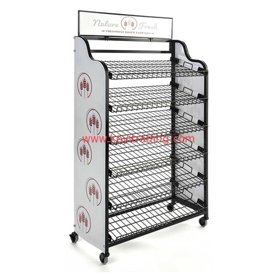 Black Powder Coating 6 Tier Wire Shelves Retail Bread Display Rack