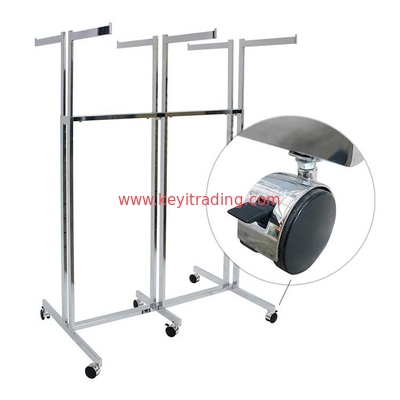 Heavy Type 6 Way Double Pole Chrome Clothing Display Rack With Wheel