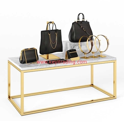 Boutique Gold Metal Frame And Marble Display Table For Handbag