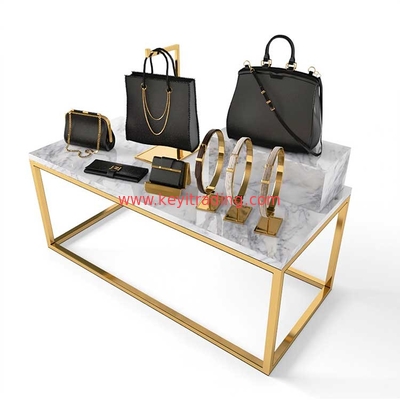 Boutique Gold Metal Frame And Marble Display Table For Handbag
