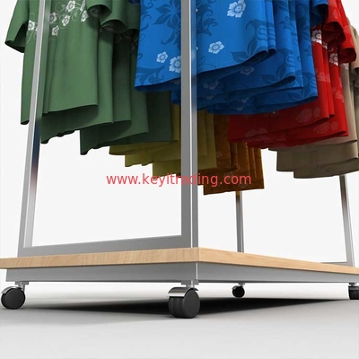 Freestanding Metal And Wood Hanging Clothing Display Rack With 4 Wheel