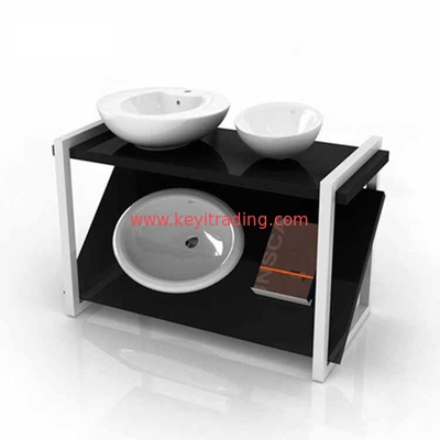 Showroom Metal And Wooden Bathroom Sink Display Rack With Brochure Holder