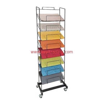 Adjustable Wire Shelf Floor Standing Metal Placemat Display Stand With 4 Wheel