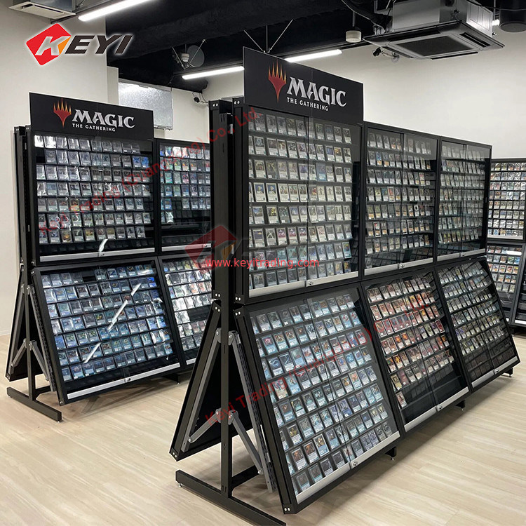 Custom Floor Metal Stand Tcg Trading Card Display Case Gondola Shelves Graded Card Display Rack for Retail Stores Sport Cards