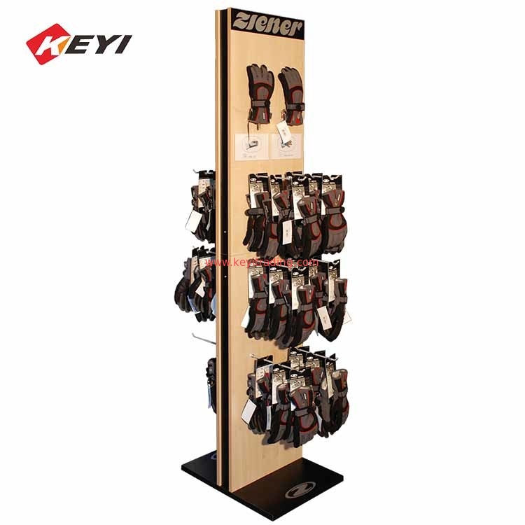 Wooden Double Sided Floor Stand Motorbike Glove Display Rack With Hooks
