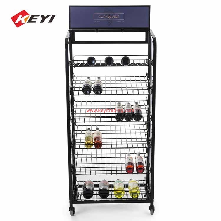 Portable Floor Bottle Stand 6 Tier Metal Wire Wine Display Rack With Caster