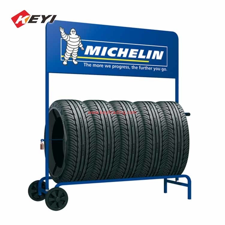 Custom Logo Removable Metal 5 Car Wheel Display Stand With 2 Caster