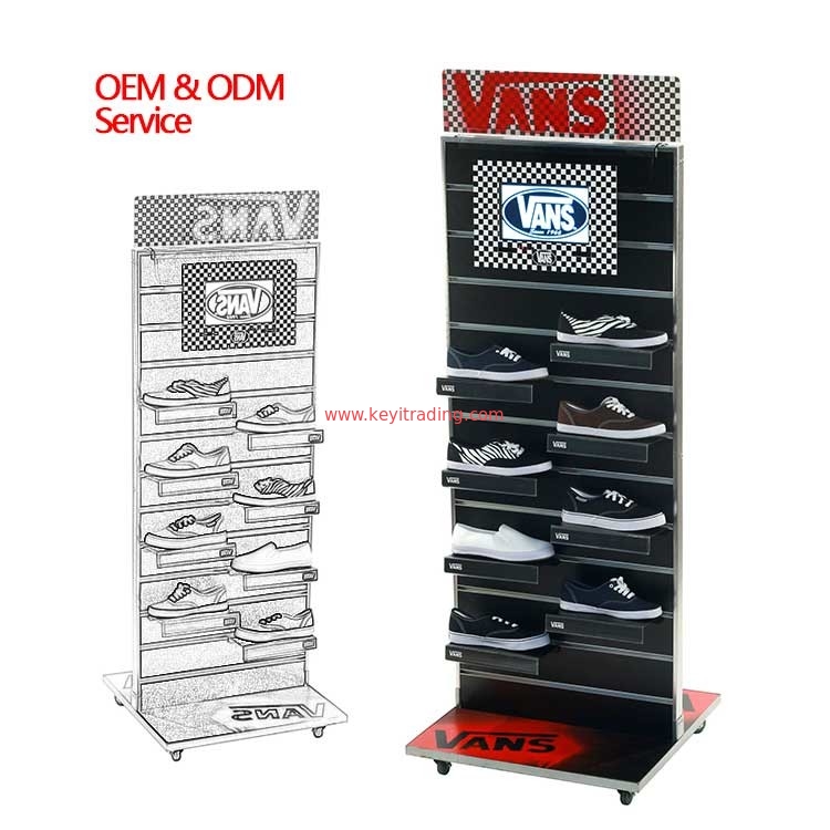 Made In China OEM Double Sided Slat Wall Retail Shoe Display Rack With 4 Wheel