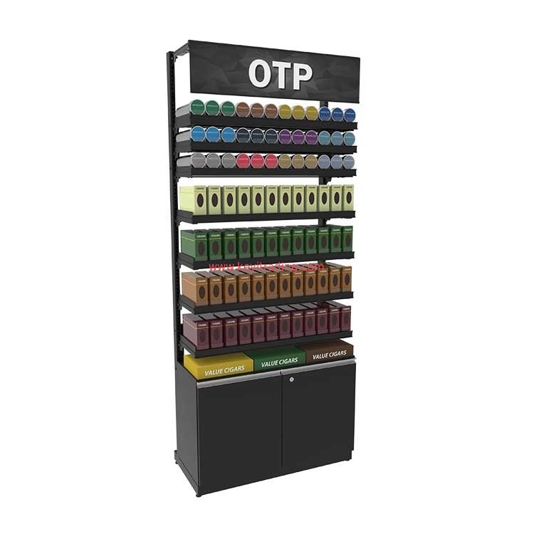 Supermarket Metal Shelves Smoke Shop Tobacco Cigarette Display Stand With Storage Cabinet