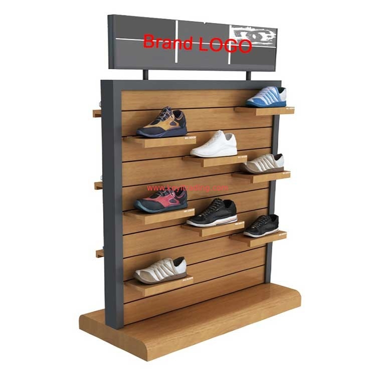 Retail Store Double Sided Wooden Slatwall Shoe Display Stand With Shelves