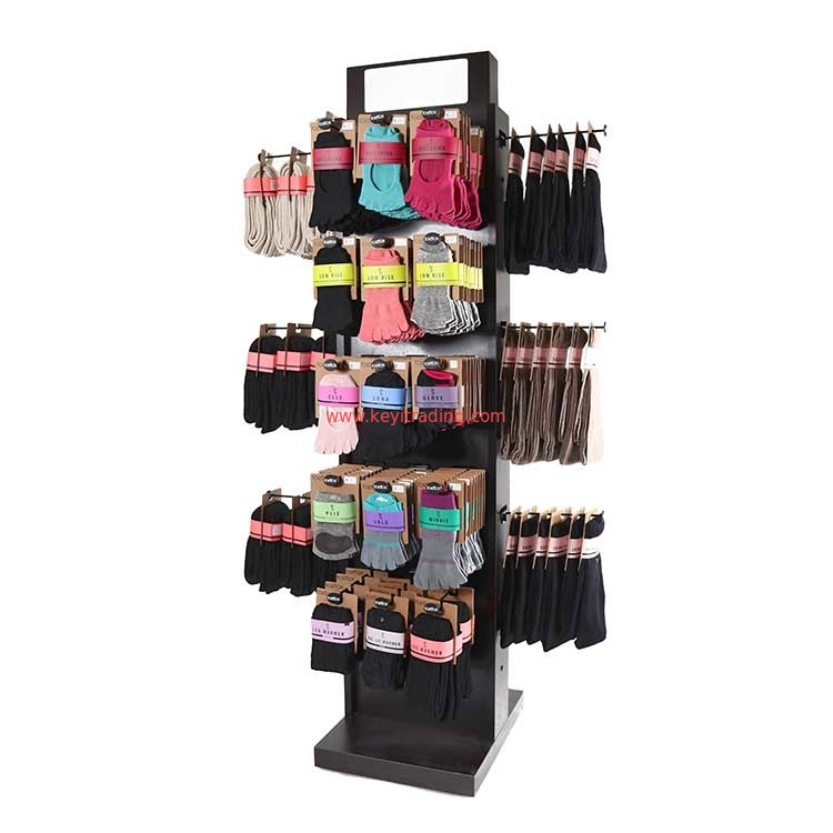 Customized Floor Standing Wooden 4 Way Hanging Sock Display Rack With Hooks