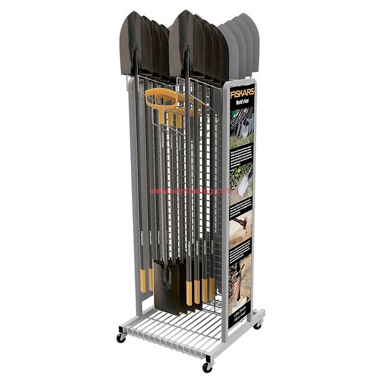 free stand 2 sided metal wire mesh hanging Shovel Display Rack With 4 Wheel