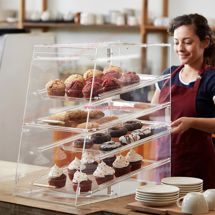 Morden Pop Bread Shop 4 Layer Acrylic Bakery Display Case With 3 Door Handles