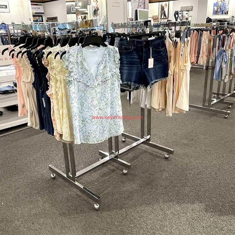 Heavy Type 6 Way Double Pole Chrome Clothing Display Rack With Wheel