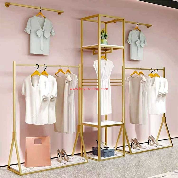 Custom Retail Store Gold Clothing Display Rack For T-Shirt Dress
