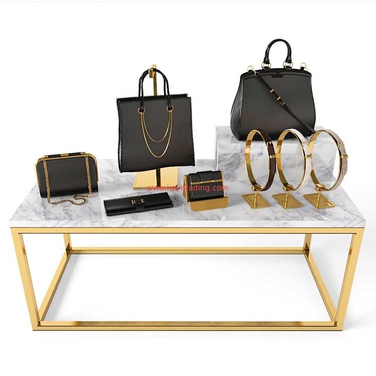 Boutique Gold Metal Frame And Marble Display Table For Handbag