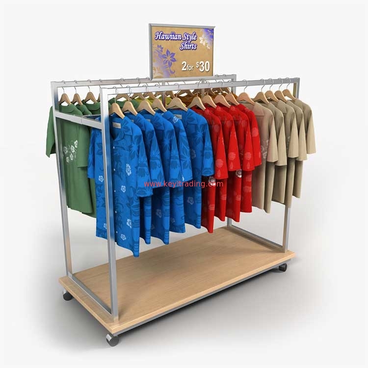 Freestanding Metal And Wood Hanging Clothing Display Rack With 4 Wheel