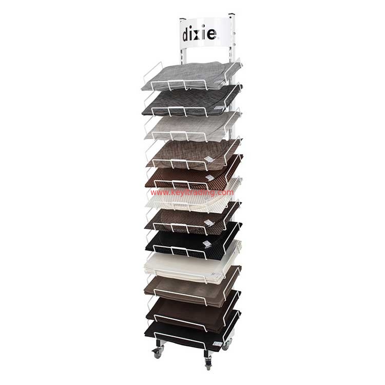 Adjustable Wire Shelf Floor Standing Metal Placemat Display Stand With 4 Wheel